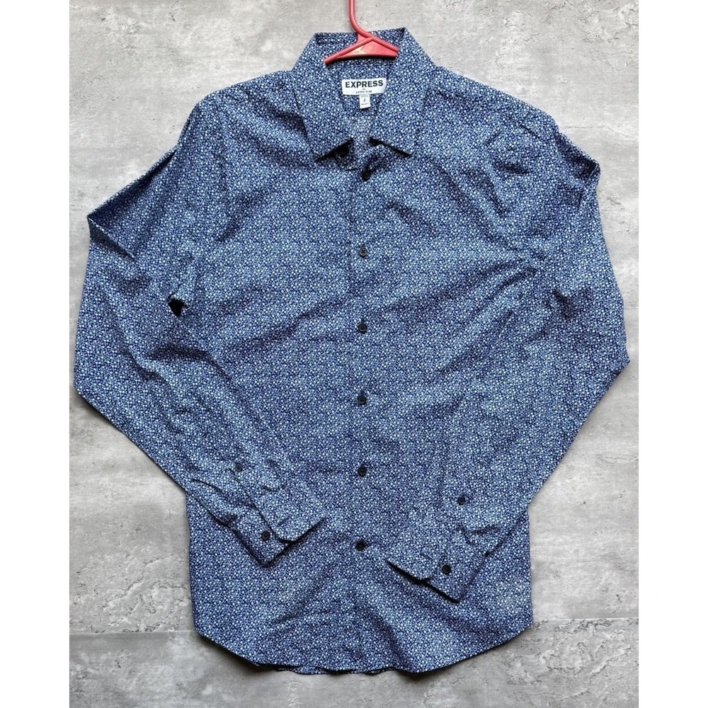 Express Extra Slim Blue/White Floral Woven Button-Front Point Collar Shirt S